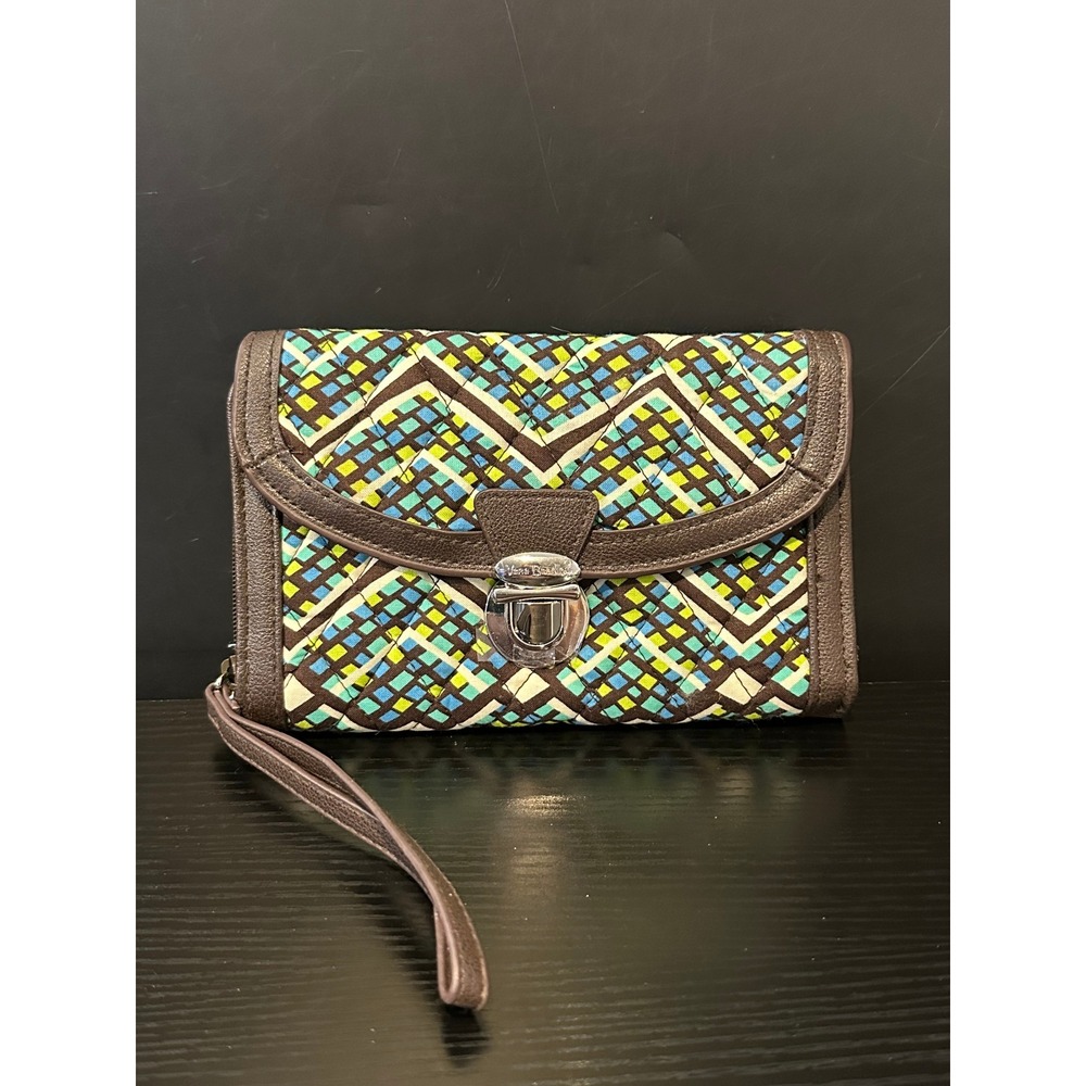 Vera Bradley All In One‎  Wallet Wristlet Geometric Quilted Brown Blue - Picture 1 of 6